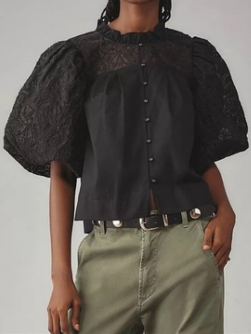 Maeve Anthropologie Black Lace Embroidered Puff Sleeve Button Front Blouse